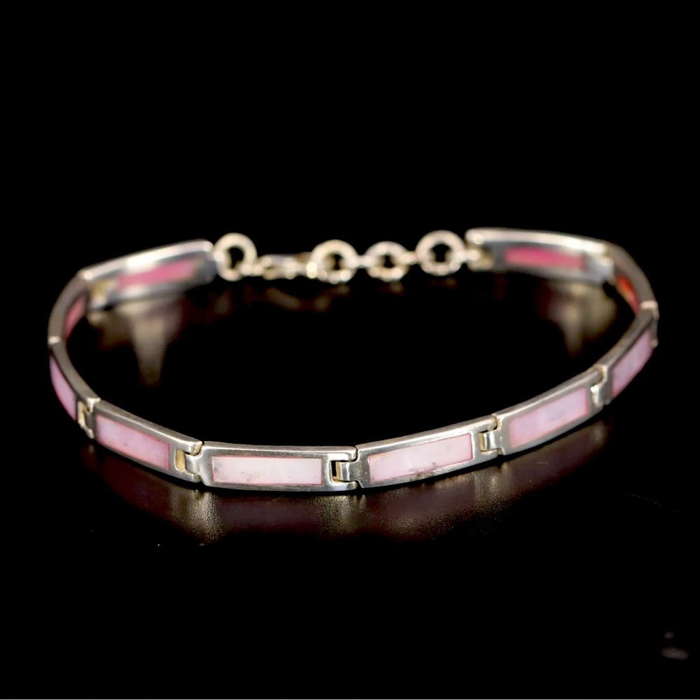 VTG Native American Navajo Sterling Silver Pink Mother of Pearl Inlay Bracelet